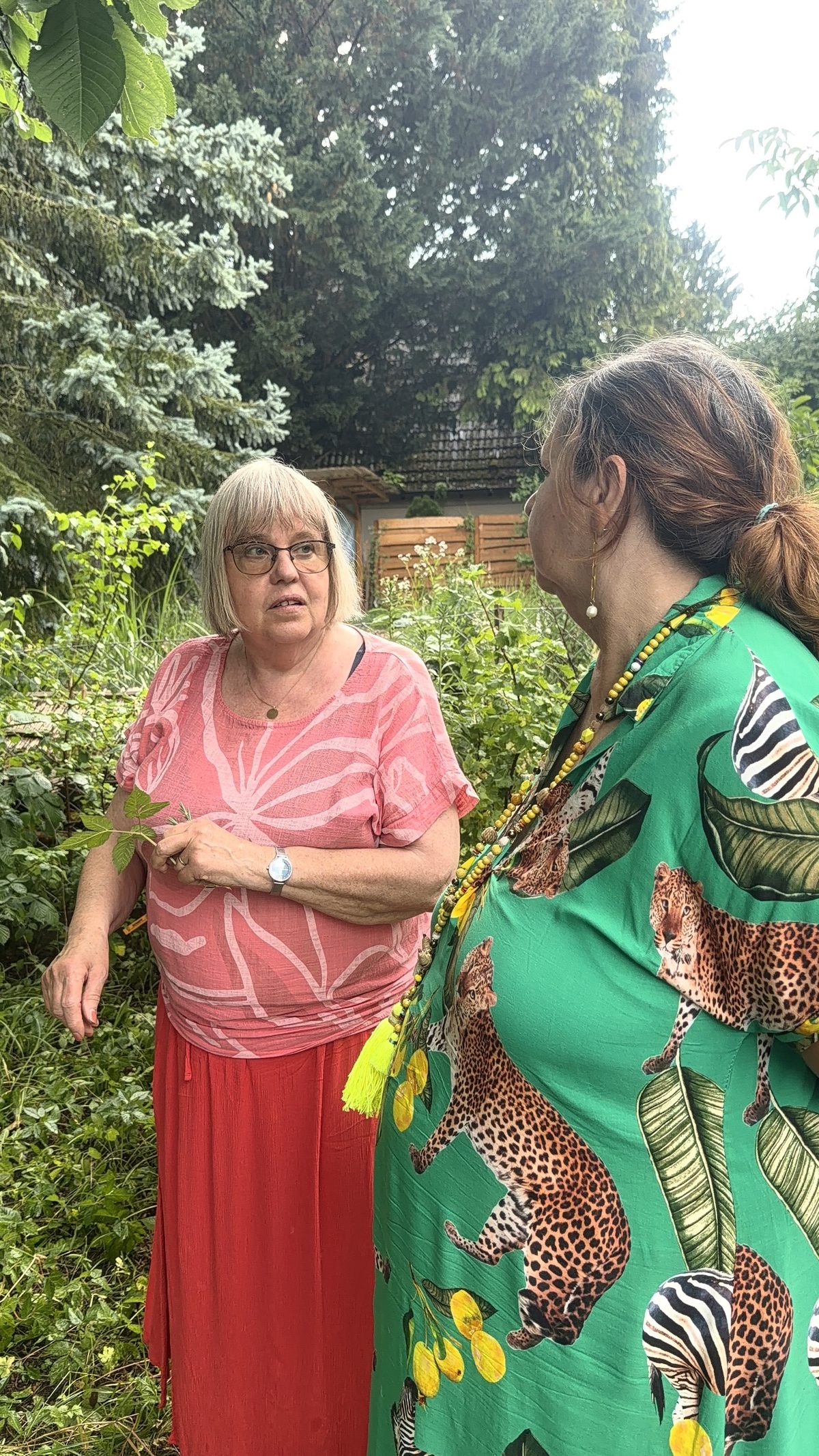 Gespräch im Garten zwischen Kräutern und Sträuchern
